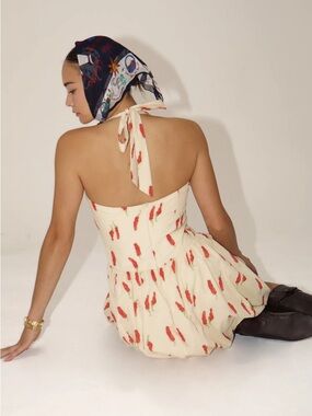 Cream Backless Halter Mini Dress with Red Chili Print